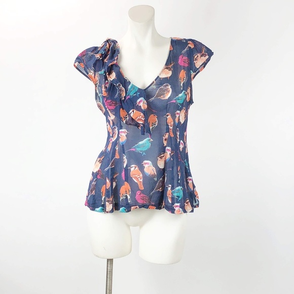 Anthropologie Tops - ❤️Anthro Meadow Rue Navy Novelty Bird Print Blouse